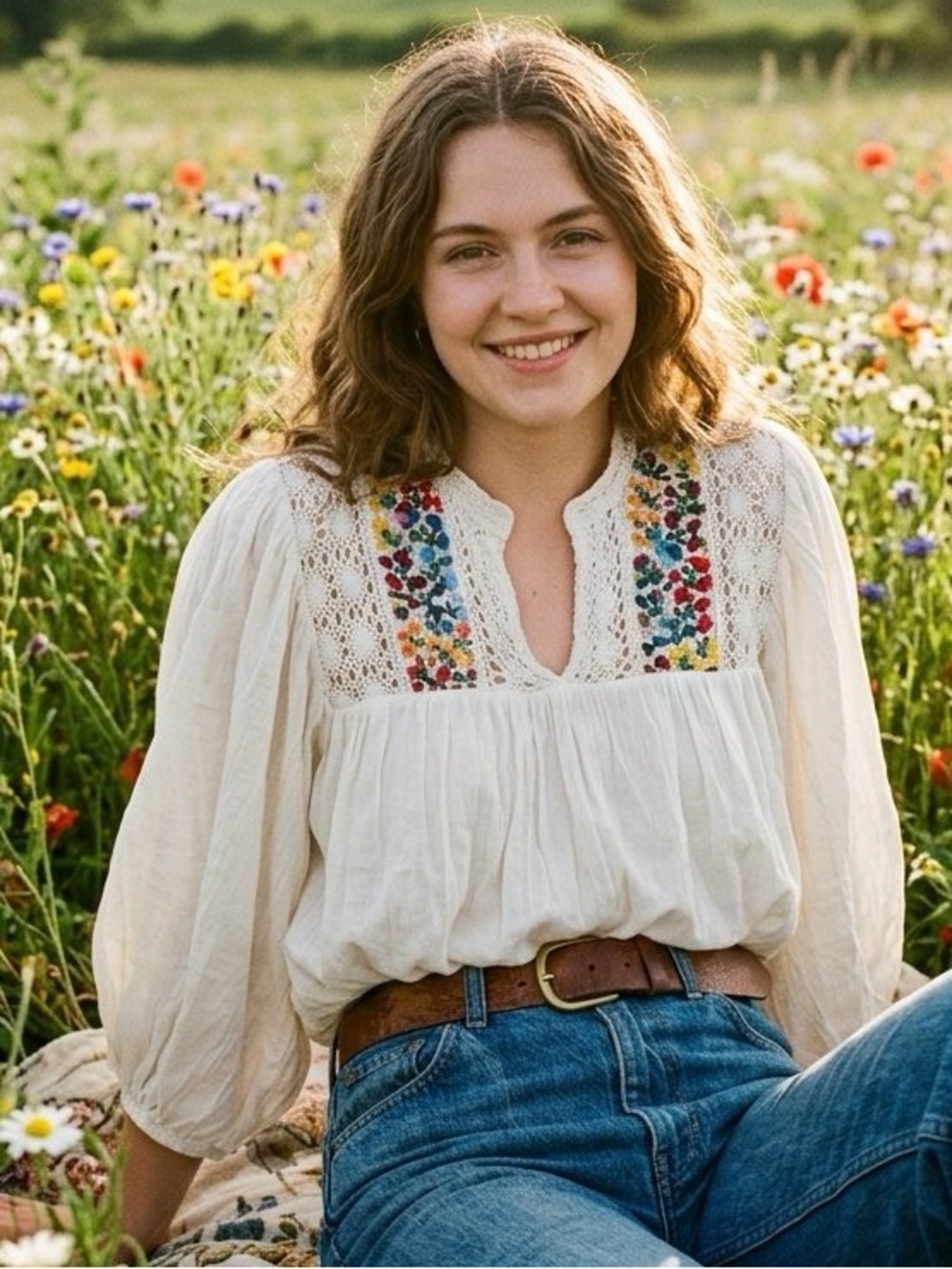 Vintage 60s-70s Hippie Embroidered Cream Blouse